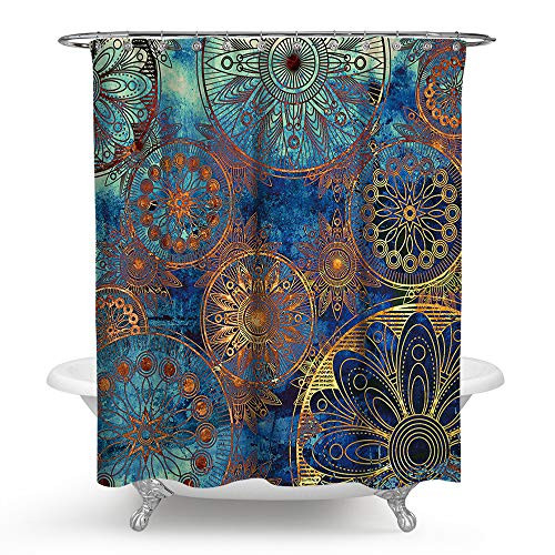 PHNAM Golden Mandala Shower Curtain with Hooks 72x72 Inches Blue Extra Long Waterproof Decoration Polyester Cloth Bath Curtains Sets for Bathroom, Bathtub