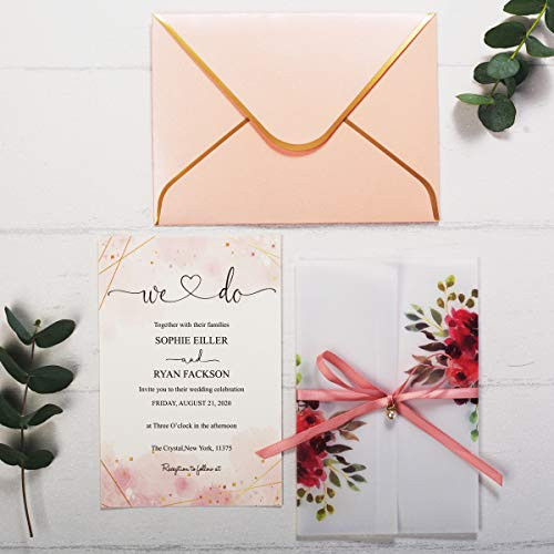 KUCHYNEE 20PCS Vellum Floral Invitations Cards with Blush Envelopes and Printed Pink Inner Sheets for Wedding Invitations Bridal Shower Engagement Anniversary Invite (Pink)