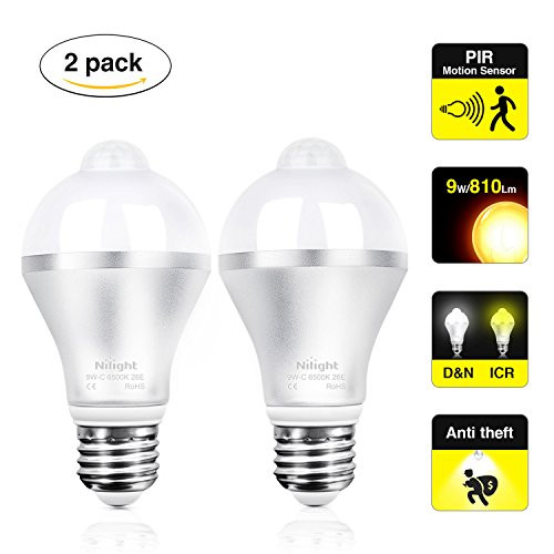 Nilight 9W E26/E27 Base LED A19 Smart Light Bulb, Indoor/Outdoor Pir Motion Sensor Detector Lamp (2PCS), Cool White