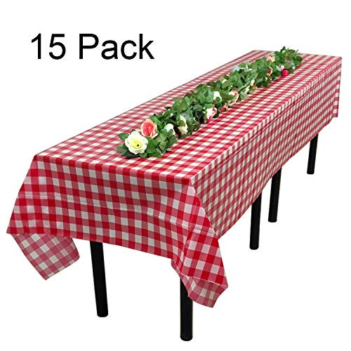 Tosnail 15 Pack 54" x 108" Plastic Red and White Checkered Tablecloth Picnic Table Cover