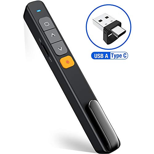 DinoFire Wireless PowerPoint Presentation Clicker Remote, 2 in 1 Type C and USB A RF 2.4GHz PPT Presentation Presenter Spotlight Laptop Clicker Pointer Slide Advancer with Hyperlink Volume Control