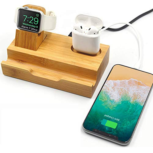 WISION 3-Port Bamboo Charging Station Desk Dock Stock Cradle Holder Organizer, Charging Stand for Universal Multi Device, Compatible AirPods/Apple Watch/Cell Phone with Case