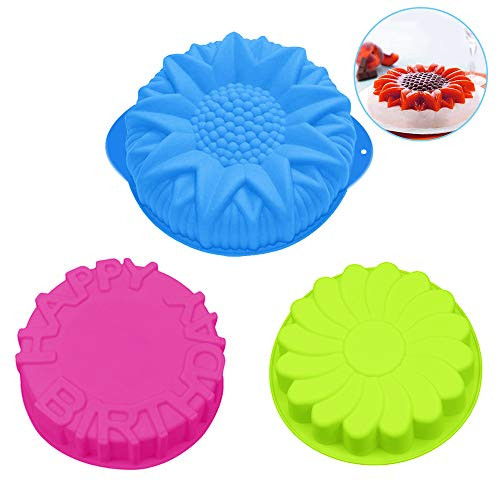 3 Pack Silicone Cake Mold Pan, SENHAI Large Round Bread Pie Flan Tart Mold, Whirlwind Pattern Sunflower Happy Birthday Letters Shape Non-Stick Baking Trays for Birthday Party DIY - Green, Blue, Purple