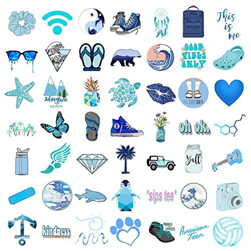 OCEAN 50 Pack Decal Waterproof Stickers for Water Bottles Laptop Hydro Flasks,VSCO Blue Cute Cool Vinyl Aesthetic Trendy Skateboard Car Luggage Computer Stickers for Teens Kids Girls Boys Adults