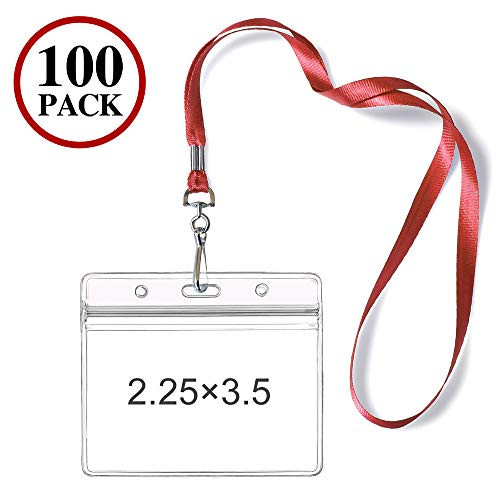 100 Pack Lanyard with ID Holder for Women, Waterproof Horizontal Name Tag ID Card Holders, Clear Plastic Horizontal Name Tags Badge ID Card Holders (red)