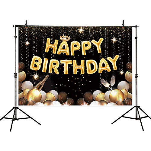 Allenjoy 7X5ft Black Gold Birthday Party Backdrop Balloons Champagne Crown Glitter Photography Background Adult Child Men Women Bday Supplies Cake Table Banner Home Decoration Photo Booth Prop