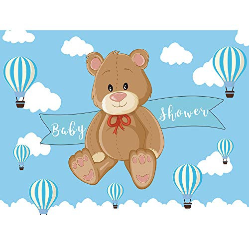 Allenjoy 8X6ft Cartoon Bear Baby Shower Backdrop Infant Newborn Baby It's a Boy Prince Welcome Baby Blue Hot Air Balloons Photography Background Cake Table Banner Decorations Photo Booth Props