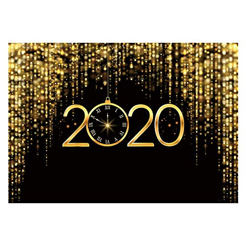Funnytree 7x5ft Happy New Year 2020 Backdrop Pocket Watch Dial Countdown Photography Background Black and Gold Glitter Bokeh Sequin New Year's Eve Party Portrait Decor Banner Photo Booth Studio Props