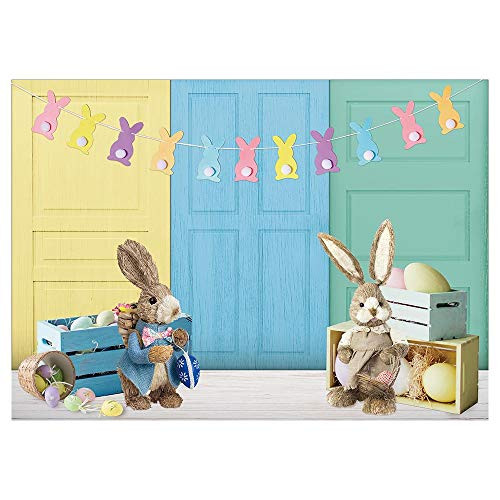 Funnytree 7x5FT Easter Bunny Photography Backdrop Spring Rabbit Colorful Egg Wood Board Background Kids Baby Shower Cake Smash Mini Sessions Birthday Party Photo Booth Prop Portrait Supplies