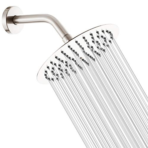 GGStudy Brushed Nickel Shower Head 10inch Round Stainless Steel High Pressure Shower Heads Ultra Thin Rainfall Bath Shower with Silicone Nozzle Easy to Clean