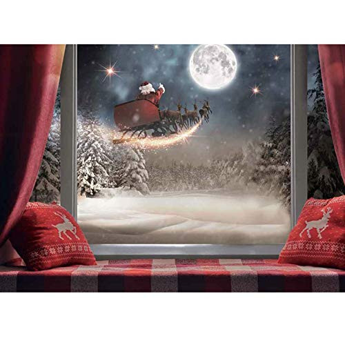 Haboke 7X5ft Durable Fabric Christmas Backdrop Winter Snowflake Pillow Window Moon Reindeer Santa Holiday Family Christmas Party Photography Background Decorations Photo Booth Studio Props