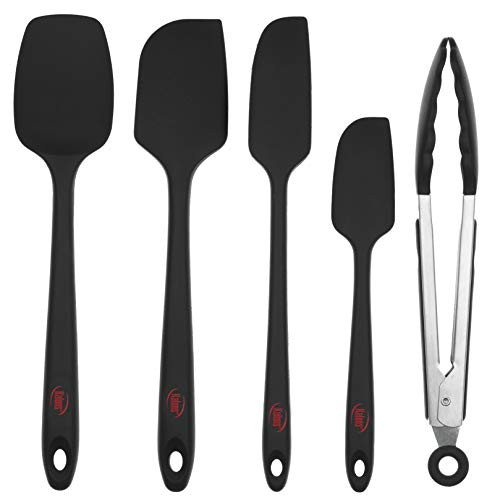 Kaluns 5-Piece Spatula set Black Includes 4 Silicone Spatulas and One 9" Tong, Rubber Kitchen Tools for Cooking, Baking and Mixing, Strong Stainless steel core design, Non-stick, 600F Heat resistant