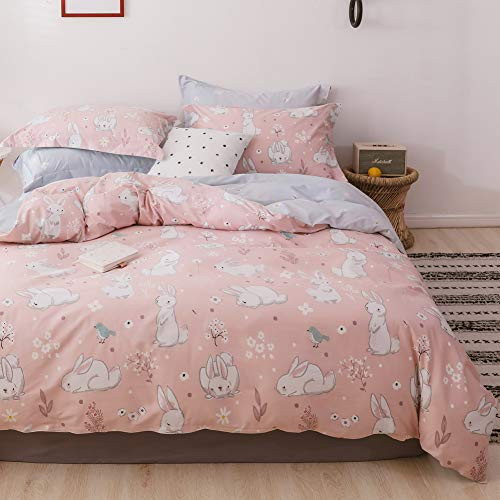 LAYENJOY Rabbit Duvet Cover Set Twin, 100% Cotton Bedding, White Rabbit Bird Flower Leaf Pattern Printed on Pink Reversible Gary, Animal Comforter Cover for Kids Teens Girls, No Comforter LAYENJOY Rabbit Duvet Cover Set Twin, 100% Cotton Bedding, White Rabbit Bird Flower Leaf Pattern Printed on Pink Reversible Gary, Animal Comforter Cover for Kids Teens Girls, No Comforter