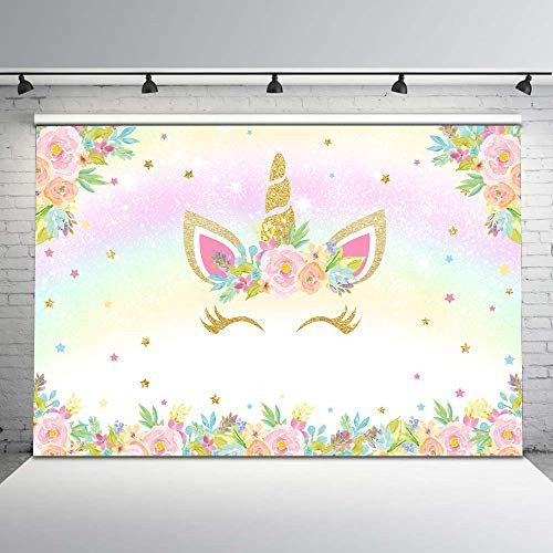 Mocsicka Floral Unicorn Backdrop Magical Gold Glitter Unicorn Horn Background 7x5ft Personalized Unicorn Pastel Star Birthday Backdrops for Unicorn Party Decorations