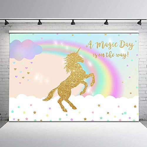 Mehofoto Magical Rainbow Gold Unicorn Backdrop Glitter Unicorn Birthday Photo Background 7x5ft Magical Holy Unicorn Photography Backdrops for Children Party Studio Props