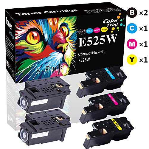 Compatible Dell E525W 525W E525 Toner Cartridge Used for Dell E525w Wireless Color 593-BBJX 593-BBJU 593-BBJV 593-BBJW Printer (2xBlack/Cyan/Magenta/Yellow, 5-Pack), by ColorPrint