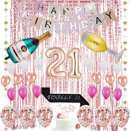 21st Birthday Decorations| 21 Birthday Party Supplies | 21 Cake Topper Rose Gold | Finally 21 Sash|Rose Gold Confetti Balloons for her| Foil Fringe Curtains for Finally Legal 21st Birthday Party