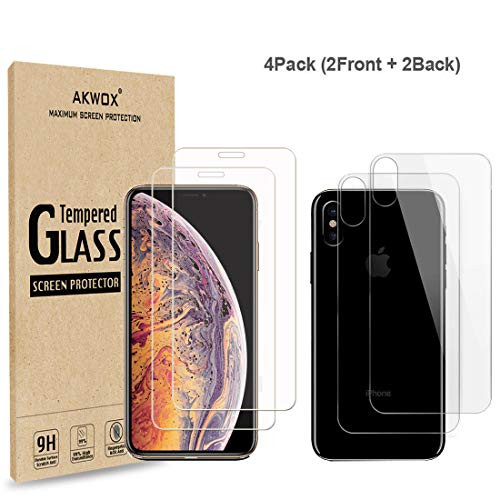 (4-Pack) Compatible with iPhone Xs Max Screen Protector with Back Covers, Akwox 9H Tempered Glass Front Screen Protector and Back Screen Protector for iPhone Xs Max