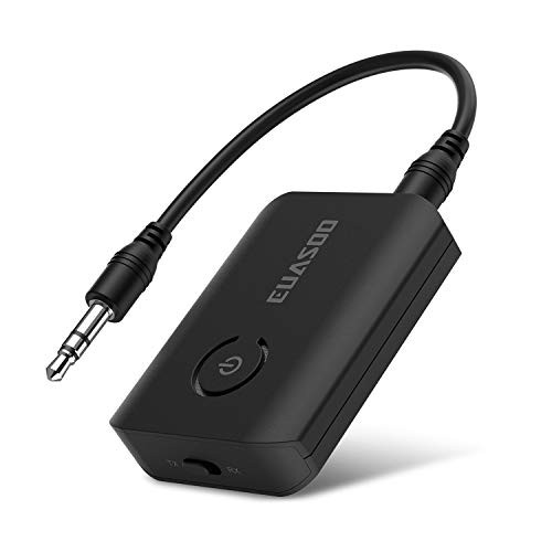 EUASOO Bluetooth 5.0 Transmitter Receiver, 2-in-1 Wireless Adapter with 3.5mm AUX Stereo Output (AptX Low Latency, Pair with 2 Bluetooth Devices Simultaneously) for PC/TV/Home Sound System, Black