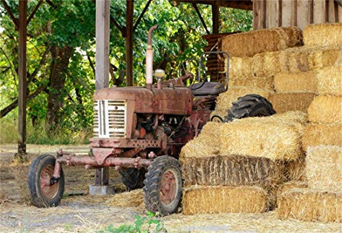 YEELE 7x5ft Western Farm Tractor Backdrop Haystack Rustic Wheel Barrel Bale Haymow Western Country Photography Background Kids Adults Artistic Portrait Photobooth Props Digital Wallpaper