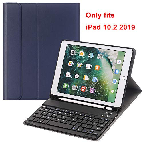 Keyboard Case for iPad 10.2 2019 7th Gen, Case with Keyboard and Pencil Holder Detachable Slim Wireless Front Prop Stand Cover for The New Apple iPad 10.2 7th Generation 2019 Tablet, Navy