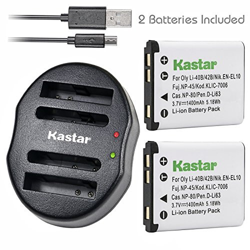 Kastar Battery (X2) & Dual USB Rapid Charger for Olympus LI-42B LI-40B, Fujifilm NP-45, Nikon EN-EL10, Kodak KLIC-7006 K7006, Casio NP-80 CNP80, D-Li63, D-Li108, Ricoh DS-6365 Battery.