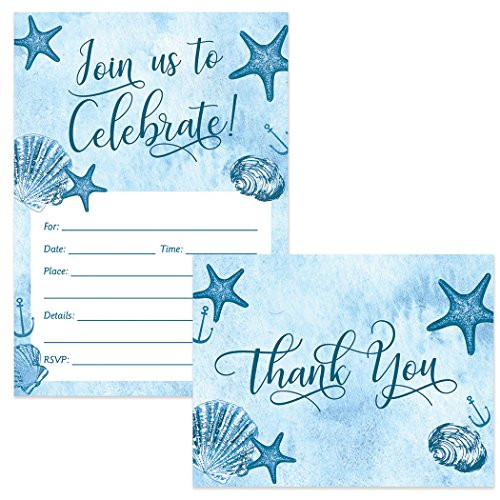Any Occasion Invitations (25) & Matching Thank You Cards (25) Set with Envelopes Seaside Beach Nautical Theme Birthday Graduation Celebration Fill-in Invites & Folded Thank You Notes Great Value