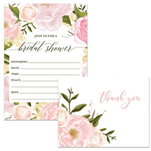 Bridal Shower Invitations (25) & Thank You Cards (25) Matching Set with Envelopes Bride's Wedding Party Attendants Fill-in-Style Guest Invitations & Folded Thank You Notes Excellent Value Pair