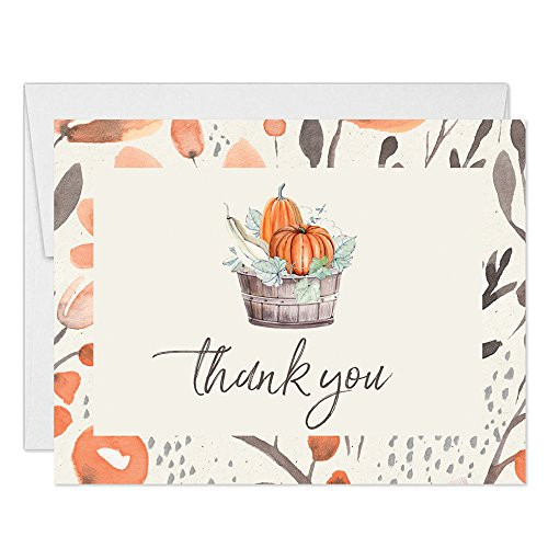 Thanksgiving Feast Thank You Cards with Envelopes (Pack of 25) Folded Thank You Notes Fall Basket Harvest Pumpkins Thanks Gracias for Dinner See Matching Thanksgiving Meal Invitations Great Value