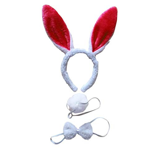 Rabbit Bunny Ears Headband Tail Bow Tie Set Cosplay Costume Accessories for Halloween Party Supplies - White & Red