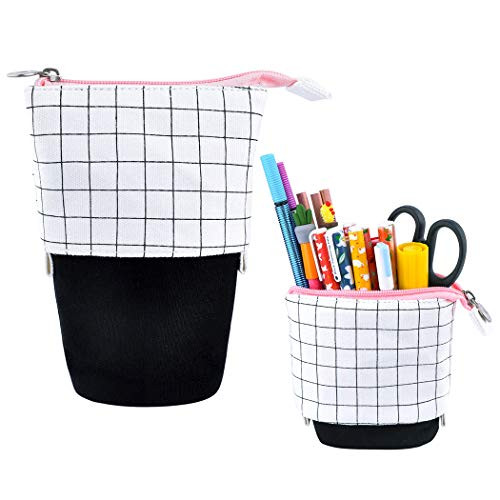 iSuperb Telescopic Pencil Case Stand Up Pen Bag Grid Pencil Holder Canvas Stationery Pouch Cosmetic Bags