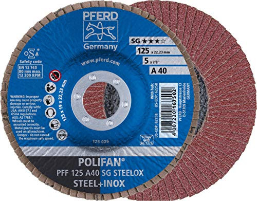 PFERD Polifan SG Abrasive Flap Disc, Type 27, Round Hole, Phenolic Resin Backing, Aluminum Oxide, 5" Dia., 40 Grit (Pack of 1) PFERD Polifan SG Abrasive Flap Disc, Type 27, Round Hole, Phenolic Resin Backing, Aluminum Oxide, 5" Dia., 40 Grit (Pack of 1)