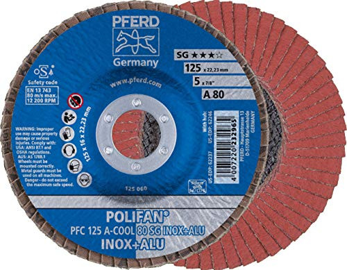 PFERD Polifan SG CO-COOL Abrasive Flap Disc, Type 29, Round Hole, Phenolic Resin Backing, Aluminum Oxide, 4-1/2" Dia., 40 Grit (Pack of 1) PFERD Polifan SG CO-COOL Abrasive Flap Disc, Type 29, Round Hole, Phenolic Resin Backing, Aluminum Oxide, 4-1/2" Dia., 40 Grit (Pack of 1)