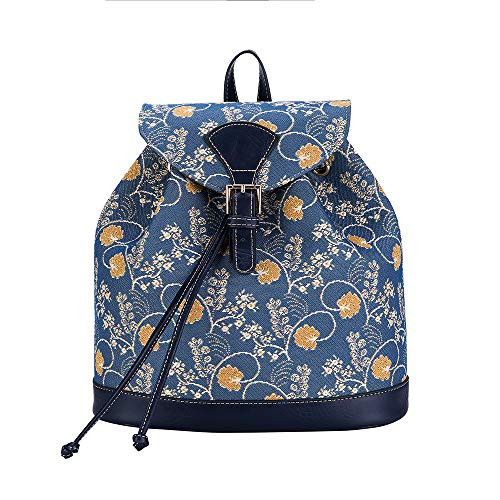 Signare Tapestry Stylish Rucksack Backpack with Flap Pull String in Jane Austen Design (Jane Austen Blue) (RUCK-AUST)