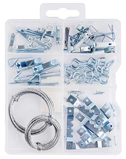 Picture Hanging Kit with Hooks, Nails, Sawtooth Hangers, Screw Eyes, and Wire