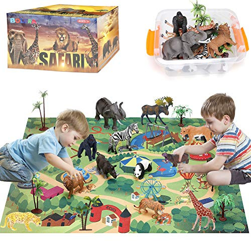 BOLZRA Safari Animals Figurines Toys with Activity Play Mat & Trees, Realistic Plastic Jungle Wild Zoo Animals Figures Playset with Elephant, Giraffe, Lion, Gorilla for Kids, Boys & Girls, 22 Piece BOLZRA Safari Animals Figurines Toys with Activity Play Mat & Trees, Realistic Plastic Jungle Wild Zoo Animals Figures Playset with Elephant, Giraffe, Lion, Gorilla for Kids, Boys & Girls, 22 Piece