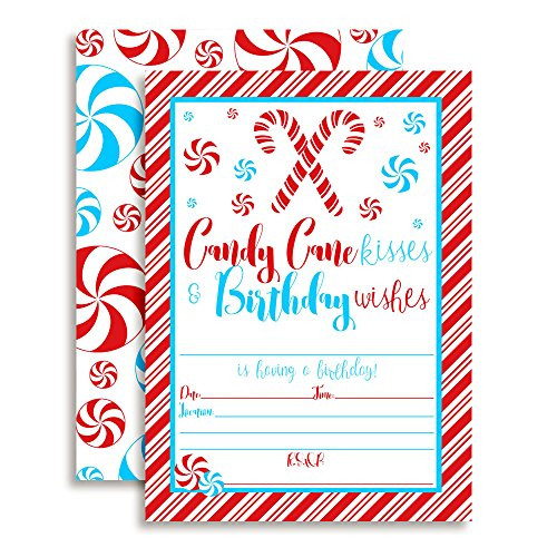 Candy Cane Kisses and Birthday Wishes Christmas Birthday Party Invitations, 20 5"x7" Fill in Cards with Twenty White Envelopes by AmandaCreation