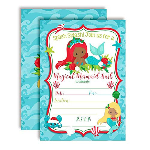 Christmas Holiday Mermaid Bash with Dark Complexions Birthday Party Invitations, 20 5"x7" Fill in Cards with Twenty White Envelopes by AmandaCreation