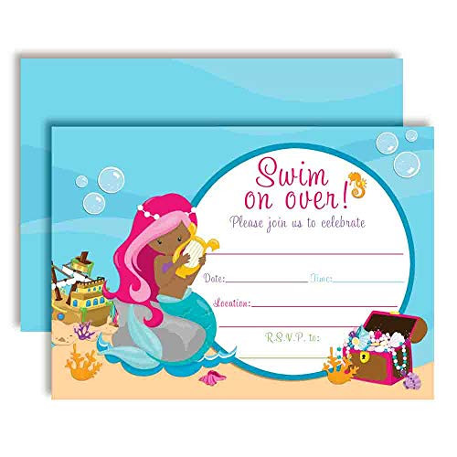 Mermaid Birthday Party Invitations, 20 5"x7" Fill in Cards with Twenty White Envelopes by AmandaCreation, Mermaid with Dark Complexion