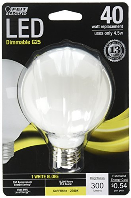 Feit Electric BPG2540/F/827/LED Decorative Frost Glass Filament Led Dimmable 40W Soft White G25 Globe Light Bulb