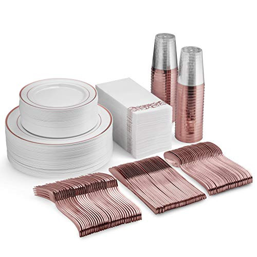 350 Piece Rose Gold Dinnerware Set - 50 Guest Rose Gold Plastic Plates - 50 Rose Gold Plastic Silverware - 50 Rose Gold Cups - 50 Linen Like Rose Gold Napkins, Disposable Rose Gold Dinnerware Set 350 Piece Rose Gold Dinnerware Set - 50 Guest Rose Gold Plastic Plates - 50 Rose Gold Plastic Silverware - 50 Rose Gold Cups - 50 Linen Like Rose Gold Napkins, Disposable Rose Gold Dinnerware Set