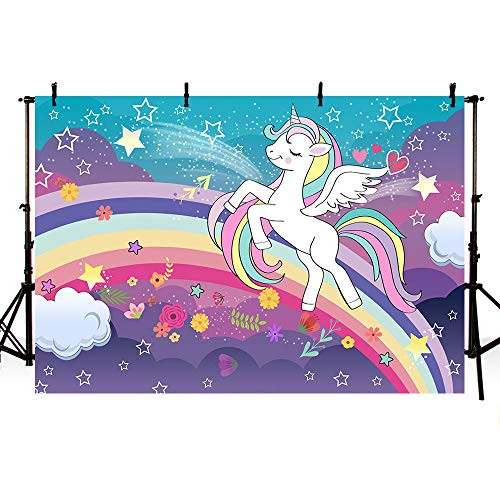 MEHOFOTO Magical Unicorn Theme Photography Backdrop and Studio Props Photo Booth Background Cartoon Rainbow Floral Stars Birthday Party Supplies and Princess Baby Shower Decorations 7x5ft