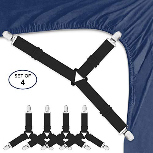 HONOVI Bed Sheet Fasteners, Bed Sheet Holder Straps, 4 PCS Adjustable Triangle Elastic Suspenders Gripper Holder Straps Clip for Bed Sheets,Mattress Covers, Sofa Cushion (4 Pack-Black)