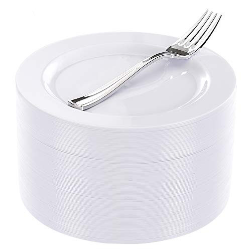 BUCLA 100Pieces White Plastic Plates with 100Pieces Silver Plastic Forks-7.5inch White Disposable Salad/Dessert Plates-Premium Heavy Duty Appetizer Plates for Weddings& Parties BUCLA 100Pieces White Plastic Plates with 100Pieces Silver Plastic Forks-7.5inch White Disposable Salad/Dessert Plates-Premium Heavy Duty Appetizer Plates for Weddings& Parties
