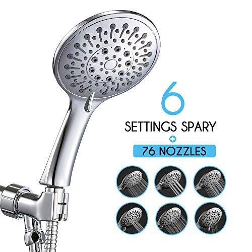 ANZA High Pressure Handheld Shower Head With Hose, 6 Spray Modes, Spa Grade, Rainfall 4.7", Hand Held Shower Head For Low Flow With Long Hose, Adjustable Bracket, Teflon Tape (Chrome)