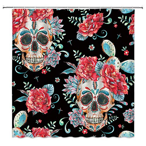 Floral Skull Shower Curtain Sugar Skull Cactus Skeleton Horror Art Home Watercolor Black Background Creative Bathroom Curtains Decor Polyester Fabric Quick Drying 70X70 Inches Include Hooks