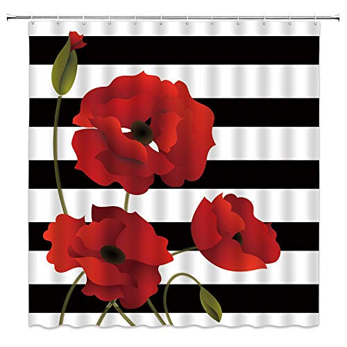 Black and White Stripe Shower Curtain Poppy Red Flower Floral Creative Black White Red Bathroom Curtains Decor Polyester Fabric Quick Drying 70x70 Inches Include Hooks