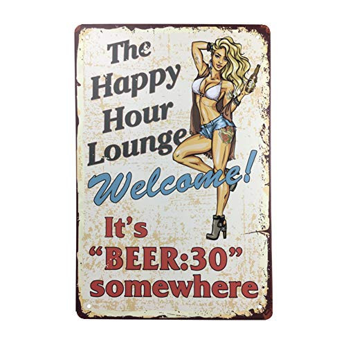 Angeloken Vintage Style Tin Sign - The Happy Hour Lounge - Bar Pub Garage Diner Cafe Home Wall Decor Art Tin Signs Vintage, 8" W x 12" H