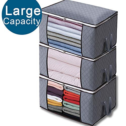 3PCS Storage Bag Organizers, Large Capacity Clothes Storage Bag for Closet Comforter, Bedding, Clothes, Blanket with Reinforced Handle Foldable for Closet and Underbed Storage (Grey)