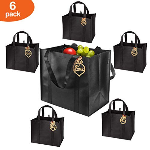 Reusable Grocery Bags (6 Pack, Black) - Hold 44+lbs - Large & Durable, Heavy Duty Shopping Bags, Grocery Tote Bags with Reinforced Handles, Thick Bottom Insert Better Support, Blessing Accessories